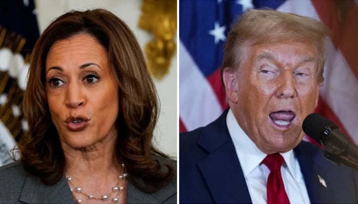 Vice-presidente dos EUA e candidata presidencial democrata Kamala Harris (L) falando em um evento e ex-presidente dos EUA e candidato presidencial republicano para as eleições dos EUA em 2024, Donald Trump. – Reuters/Arquivo