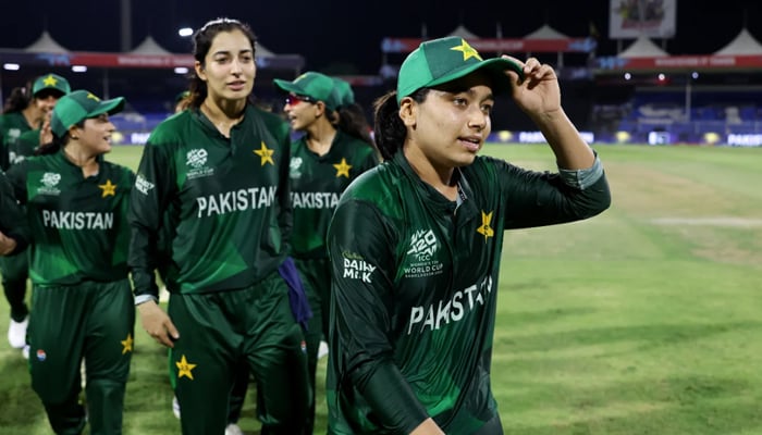 Fatima Sana leads her team off the ground after they won the game against Sri Lanka in the Womens T20 World Cup 2024 on October 3, 2024 at Sharjah. — ICC