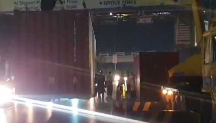 Containers being placed at Faizabad Interchange ahead of PTI’s protest in Islamabad on October 3, 2024. — Screengrab via video provided by reporter