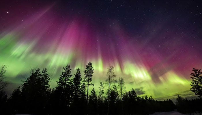 Auroras, caused by a coronal mass ejection on the sun, illuminate the skies over Lapland in Rovaniemi, Finland on March 15, 2023. — Reuters