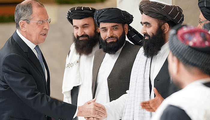 Russias Foreign Minister Sergey Lavrov (left) meeting Afghanistans Taliban Leaders. — Russias Ministry of Foreign Affairs/File