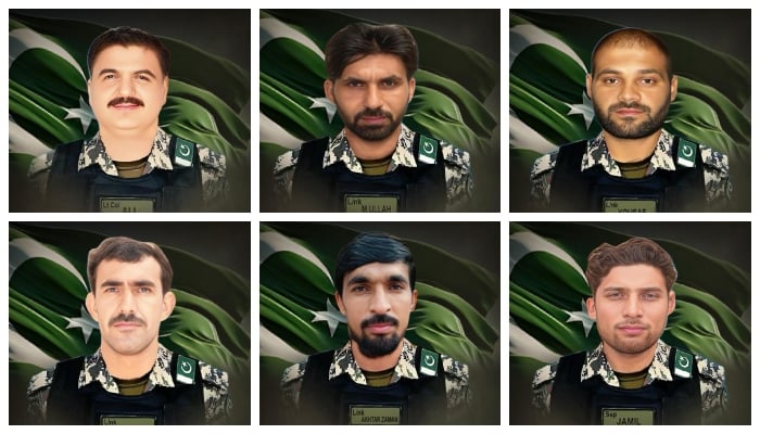 (Clockwise) Lt Col Muhammad Ali Shoukat, Lance Naik Muhammad Ullah, Lance Naik Yusaf Ali, Lance Naik Shahid Ullah, Lance Naik Akhtar Zaman, Sepoy Jameel Ahmed. — ISPR