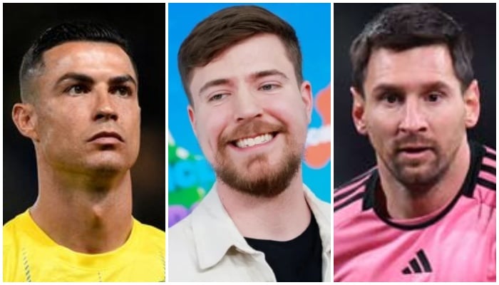 A collage showing Cristiano Ronaldo (left), YouTuber  Jimmy Donaldson alias Mr Beast (centre) and Lionel Messi. — Reuters/AFP/File