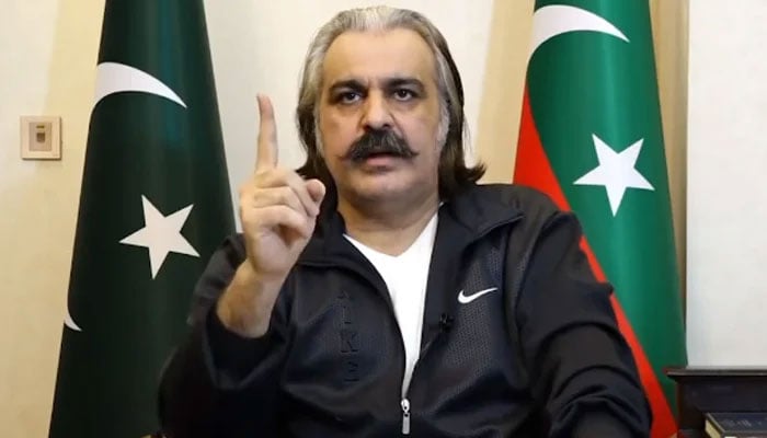 KP CM Ali Amin Gandapur gestures during a video link address to PTI workers on September 22, 2024. — Screengrab via Geo News