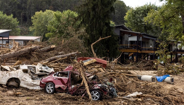 Cars destroyed by floods following the passing of Hurricane Helene, are seen in Old Fort, North Carolina, US on October 4, 2024. — Reuters