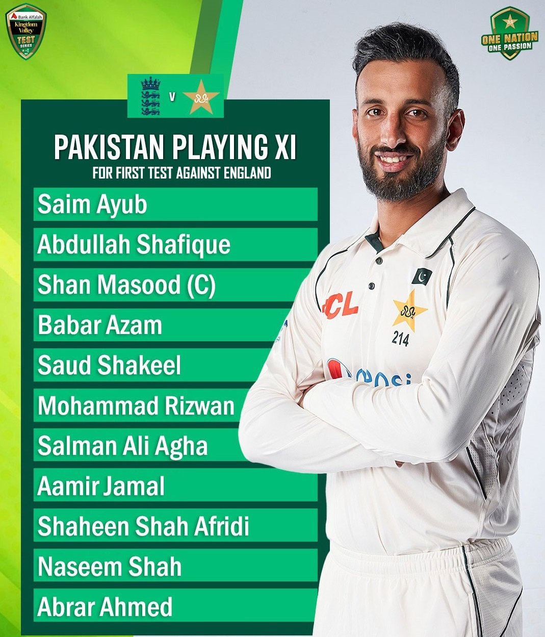 Pakistans playing XI for first Test against England.— PCB