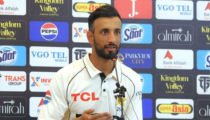 Pakistan red-ball skipper Shan Masood speaks at a press conference in this image released on October 6, 2024. — Facebook/@PakistanCricketBoard