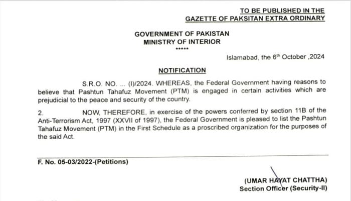 Interior Ministrys notification regarding PTM ban. — Reporter