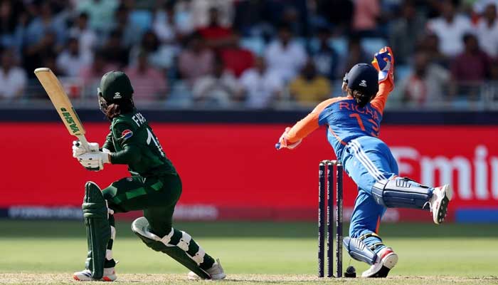 Richa Ghosh takes a stunner to dismiss Fatima Sana during Pakistan vs India match at Women’s T20 World Cup 2024, Dubai, October 6, 2024. — ICC