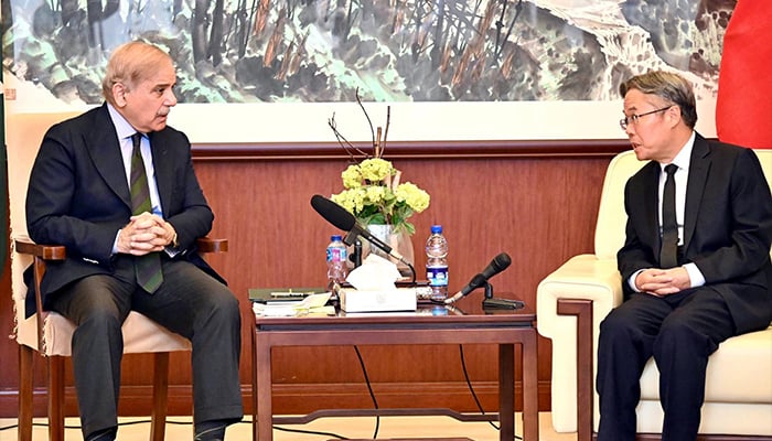 PM Shehbaz Sharif meets Chinese Ambassador Jiang Zaidong at the Embassy of the Peoples Republic of China in Islamabad on October 7, 2024. — PID