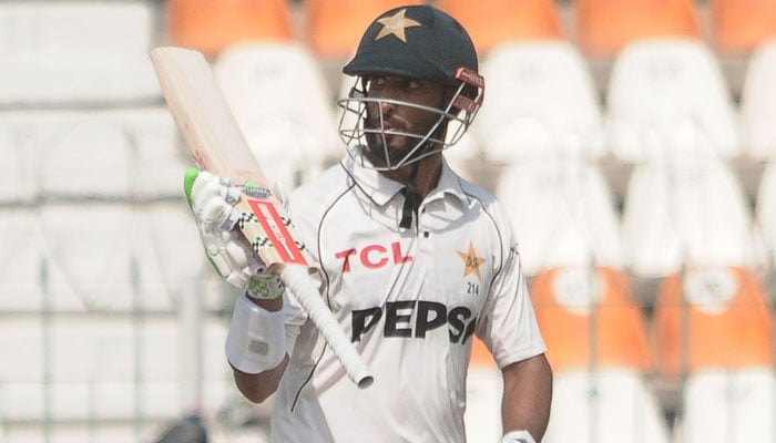 Pakistan skipper Shan Masood celebrates scoring a century in the first Test against England in Multan on October 7, 2024. — PCB