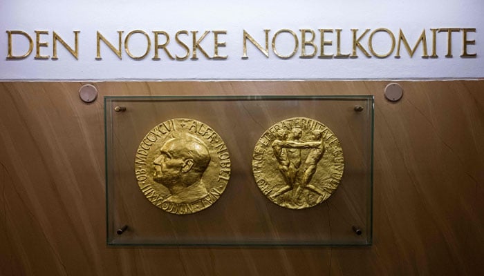 Replicas of the obverse and reverse of the Nobel Peace Prize medal displayed at The Norwegian Nobel Institute in Oslo, Norway on September 25, 2024. — AFP