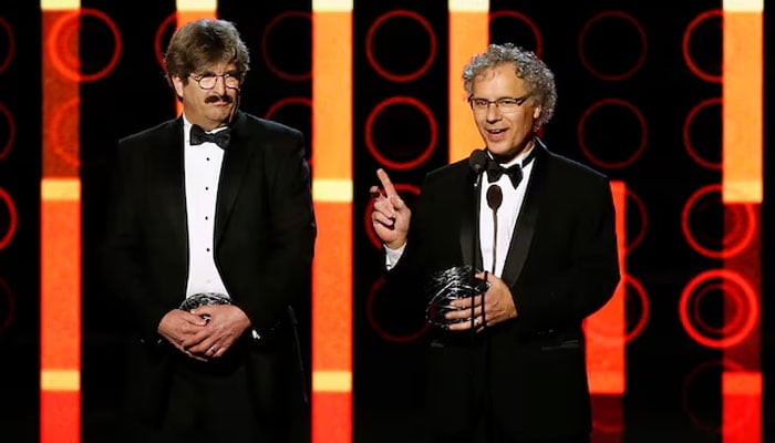 Life Science laureates Gary Ruvkun (left) and Victor Ambros speak on stage during the 2nd annual Breakthrough Prize Awards in Mountain View, California on November 9, 2014. — Reuters