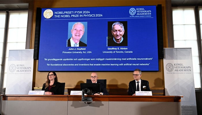 John J Hopfield and Geoffrey E Hinton win the 2024 Nobel Prize in Physics, which is announced at a press conference by Hans Ellegren (centre), Secretary General at the Swedish Academy of Sciences, Stockholm, Sweden October 8, 2024. — Reuters