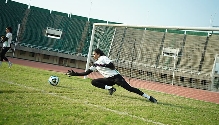 A player of the Pakistan womens football team during a practice session in this undated photo. — Facebook/@PakistanFootballOfficial