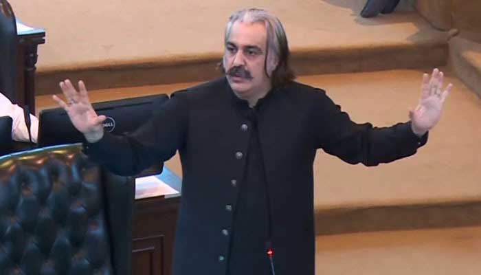 Khyber Pakhtunkhwa Chief Minister Ali Amin Gandapur addressing session of KP Assembly, Peshawar, October 8, 2024. — Screengrab via Geo News