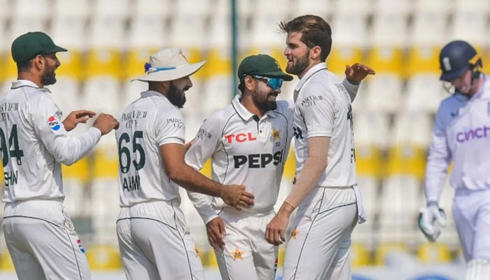 Pakistani players celebrate the wicket of Englands Zak Crawley on third day of first Test at Multan Cricket Stadium on October 9, 2024. — Facebook/@PakistanCricketBoard