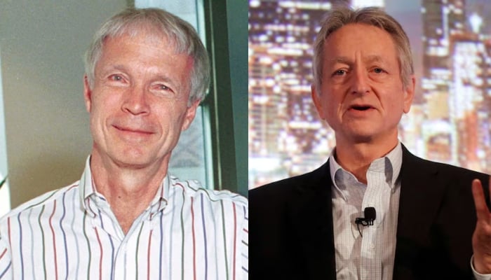 A combination of pictures showing American physicist John Hopfield (left) and his British-Canadian colleague Geoffrey Hinton. — Reuters/Files