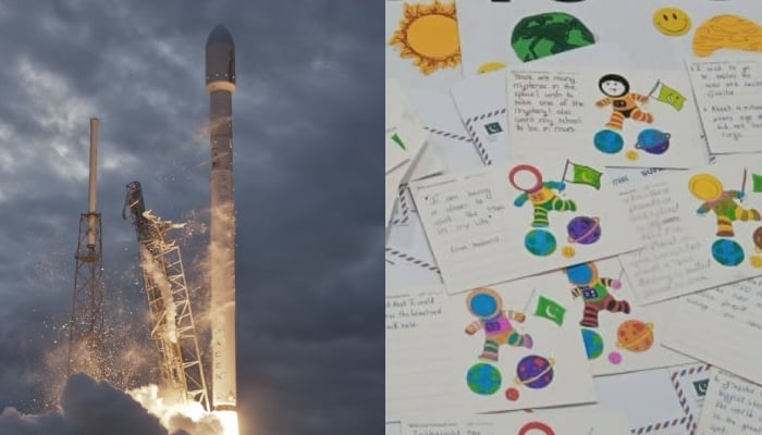 A combination of pictures showing a representational picture of a rocket launch and the postcards decorated by students from Pakistan as part of SuparcosPost Cards to Space initiative. — Pixabay/Instagram/@worldspaceweek