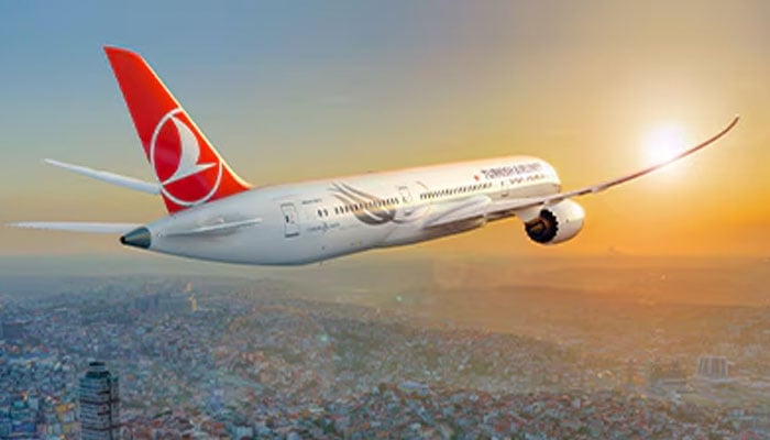 This representational image shows a Turkish Airlines aircraft flies over a city. — Turkish Airlines website