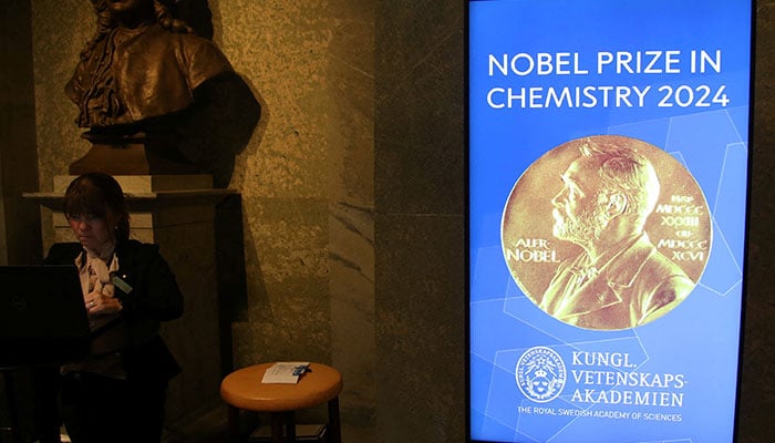 A view of the sign for the Nobel Prize in Chemistry in the Royal Swedish Academy of Sciences ahead of the announcement of the 2024 Nobel Prize in Chemistry in Stockholm, Sweden on October 9, 2024. — Reuters