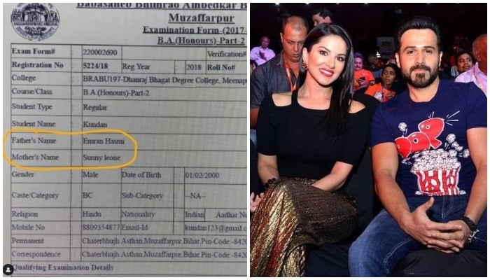 Viral photo of Indian student’s exam form (left) while another photo shows Bollywood actors Emraan Hashmi and Sunny Leone. — Instagram/@indianrareimages/Facebook/@ColorsCineplexUK