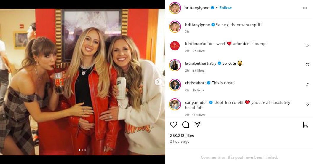 Taylor Swift poses with Brittany Mahomes baby bump at Chiefs Game