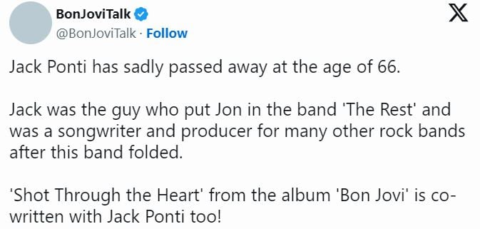 Jon Bon Jovi's former bandmate Jack Ponti takes his last breath at the age of 66