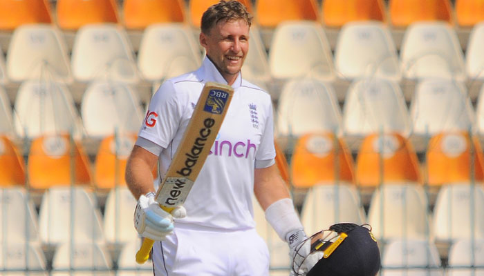 Englands Joe Root celebrates scoring a double century on the fourth day of the first Test against Pakistan at Multan Cricket Stadium on October 10, 2024. — PCB