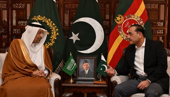 Saudi Arabian Minister of Investment Khalid Bin Abdulaziz Al Falih (left) and Chief of Army Staff General Syed Asim Munir in a meeting on October 10, 2024. —ISPR