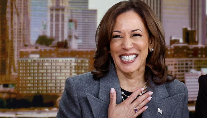 Democratic presidential nominee and U.S. Vice President Kamala Harris reacts, as she appears on a talk show in New York, US, October 8, 2024.