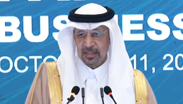 Saudi Minister for Investment Khalid bin Abdulaziz Al-Falih addressing the Pakistan-Saudi Business Forum in Islamabad, on October 10, 2024. — Screengrab/GeoNews