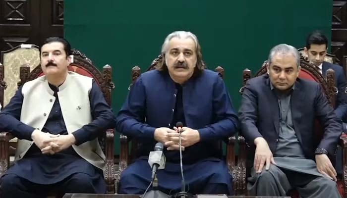 KP CM Ali Amin Gandapur (centre) speaks during Grand Jirga in Peshawar on October 10, 2024. — Screengrab via Geo News