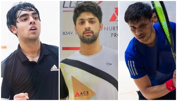 Pakistans squash players Ashab Irfan (left), Noor Zaman (centre) and Muhammad Asim Khan in these undated photos. — Reporter