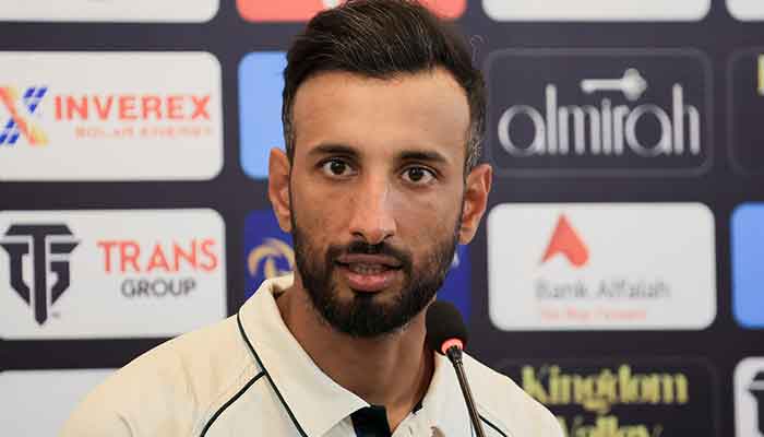 Pakistans Captain Shan Masood addresses a press conference following the practice session at Multan Cricket Stadium on October 6, 2024. — Reuters