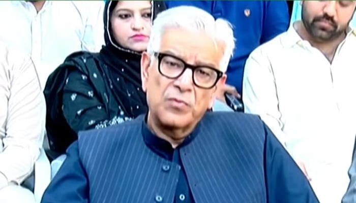 Defence Minister Khawaja Asif speaks to the media on October 12, 2024. — Screengrab via Geo News