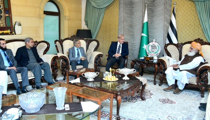 JUI-F chief Maulana Fazlur Rehman (right) in a meeting with PM Shehbaz Sharif, Deputy PM Ishaq Dar, Minister for Interior Mohsin Naqvi and Information Minister Attaullah Tarar. — Radio Pakistan