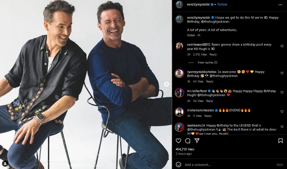 Ryan Reynolds hopes 90 years commitment with Hugh Jackman on his 56 birthday