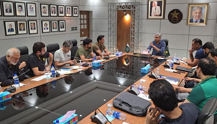 PCb Chairman Mohsin Naqvi presides over a meeting in this image released on October 13, 2024. — Reporter