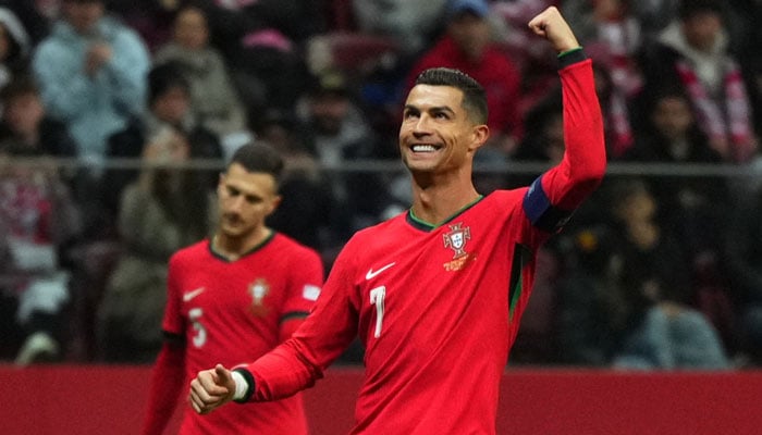 Portugals Cristiano Ronaldo reacts after winning UEFA Nations League match against Poland at PGE Narodowy, Warsaw, Poland on October 12, 2024. — Reuters