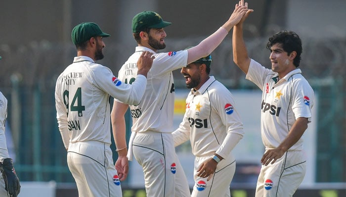 Pakistani players celebrate a wicket during first Test against England in this image taken on October 8, 2024. — PCB