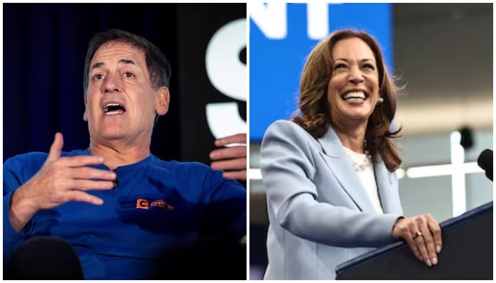 Dallas Mavericks owner Mark Cuban (L) and Democratic presidential candidate and VP Kamala Harris. — Reuters/File