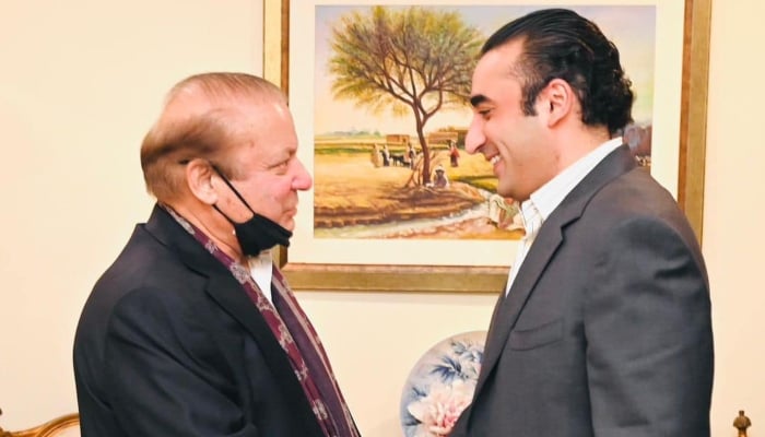 PPP Chairman Bilawal Bhutto-Zardari meets PML-N President Muhammad Nawaz Sharif at the Punjab House in Islamabad on October 10, 2024. —Facebook/@pml.n.official