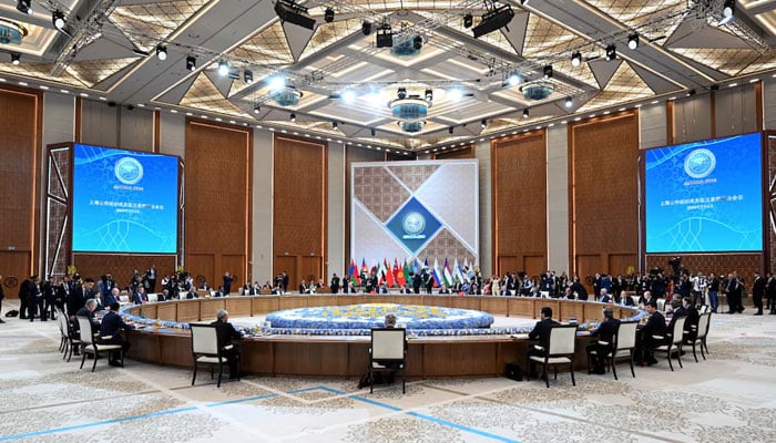 Leaders sit at the table during Shanghai Cooperation Organisation summit in Astana, Kazakhstan July 4, 2024. — Ruters