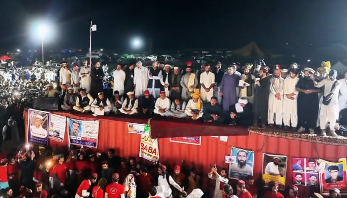 The still shows Pakhtun Qaumi Jirga leaders addressing participants of the jirga on October 13, 2024. —Facebook/ PTM Updates