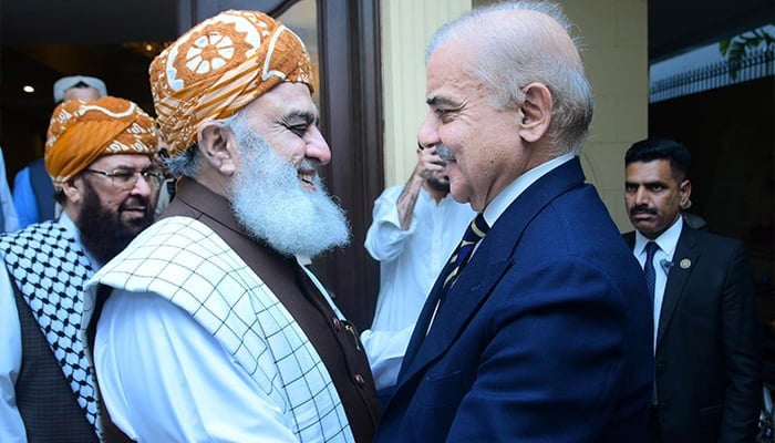 PM Shehbaz Sharif meets JUI-F supremo Maulana Fazlur Rehman on August 30, 2024. — PID