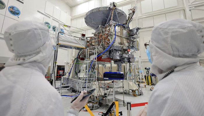 The Europa Clipper spacecraft is seen being built and tested at Jet Propulsion Laboratory during a media tour, in Pasadena, California, US on April 11, 2024. — Reuters