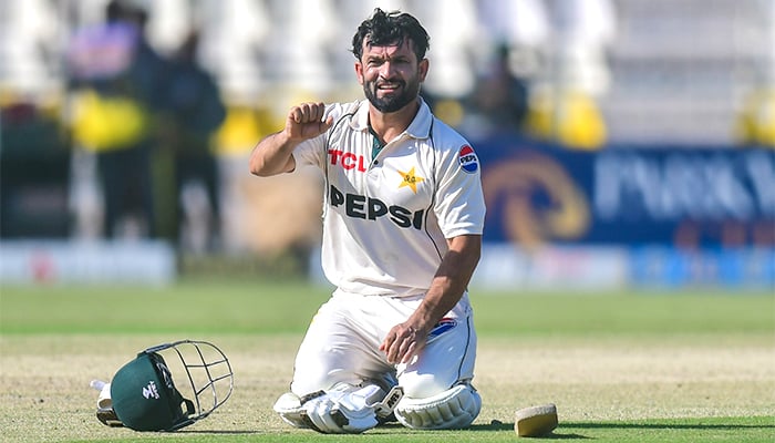 Pakistans Kamran Ghulam celebrates after scoring debut century during Day 1 of 2nd Test between Pakistan and England at Multan Cricket Stadium on October 15, 2024. — PCB