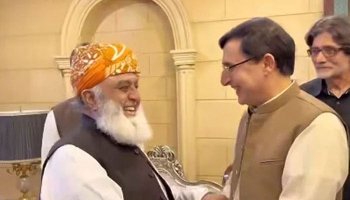 JUI-F Chief Maulana Fazlur Rehman (left) shakes hand with PTI Chairman Barrister Gohar Khan in this image released on August 23, 2024. — Screengrab via Facebook/Jamiat Ulama-e-Islam Pakistan