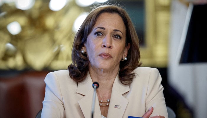 US Vice President Kamala Harris meets leaders from US colleges and universities in her ceremonial office at the Eisenhower Executive Office Building in Washington, US August 8, 2022 — Reuters.